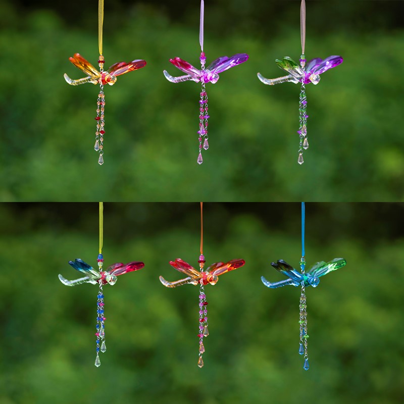 ZR520616 7.25 in. Three-Tone Acrylic Dragonfly Ornaments with Beaded Tassel, Multi Color - Set of 6