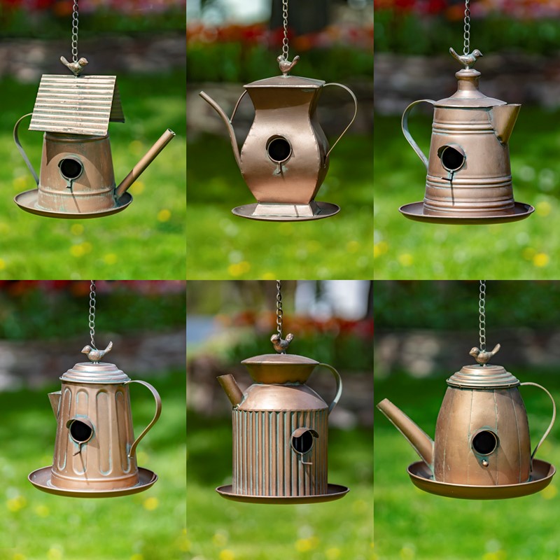 Picture of Zaer ZR170773-CPS Assorted Style Antique Copper Finish Teapot Birdhouses - Set of 6