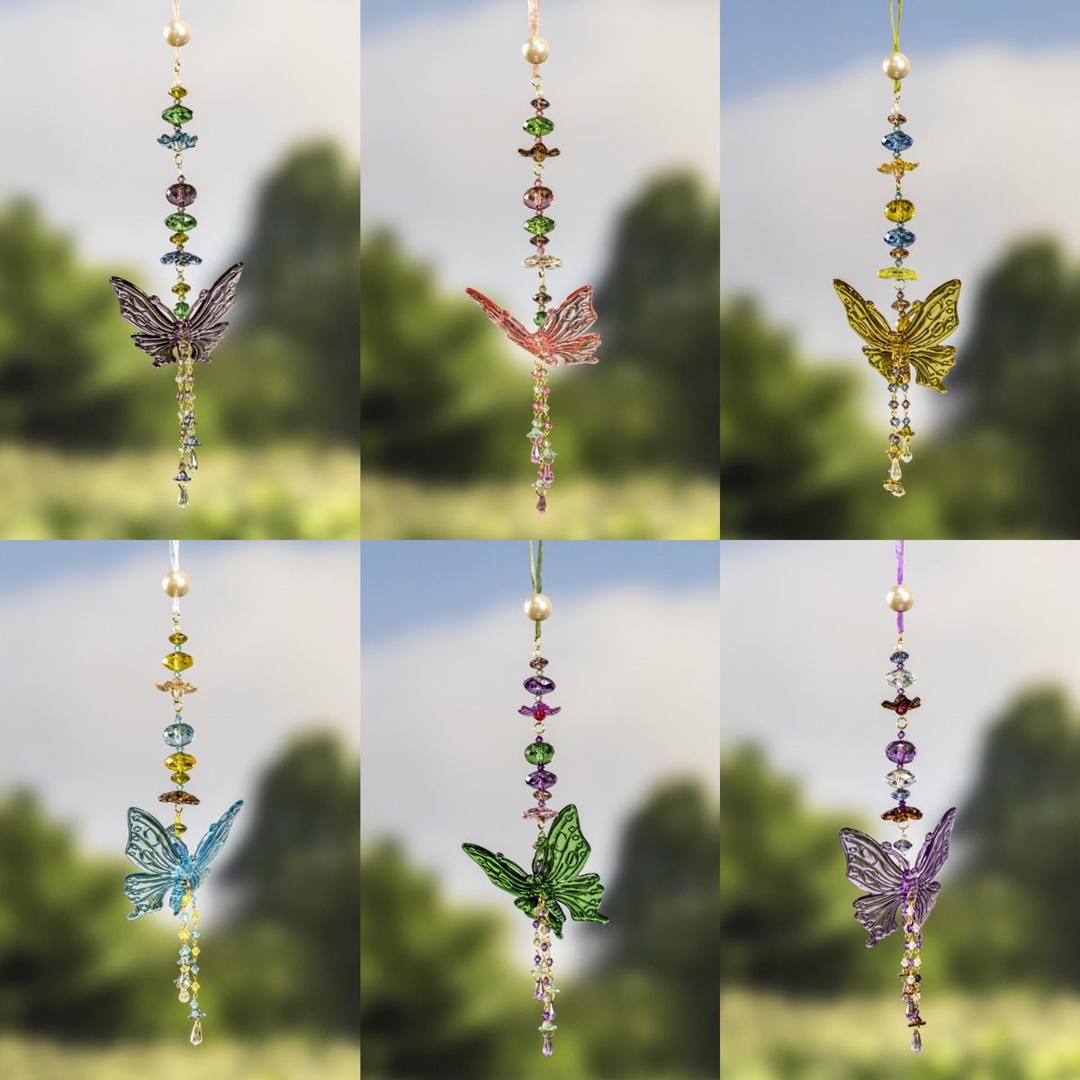 ZR110911-4-SET Hanging Acrylic Butterfly Ornaments with Dangling Beads, 6, Assorted Colors - Set of 12