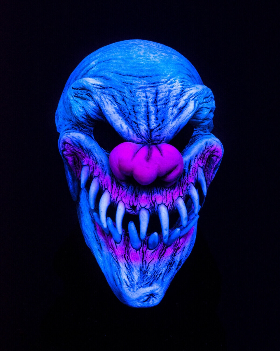 Picture of Zagone N1127 Last Laugh UV Reactive Evil Clown Latex Face Mask with Moving Mouth