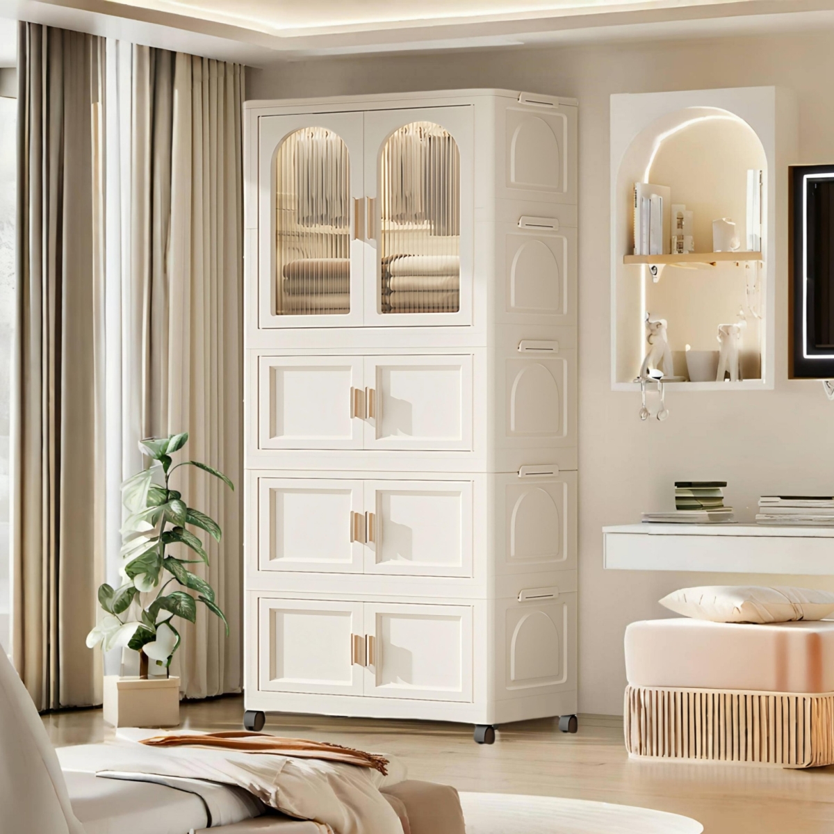 Picture of Liveditor TD-WBWB04119 25.59&apos; Side Wide Folding Wardrobe Plastic Storage Cabinet with Wheels