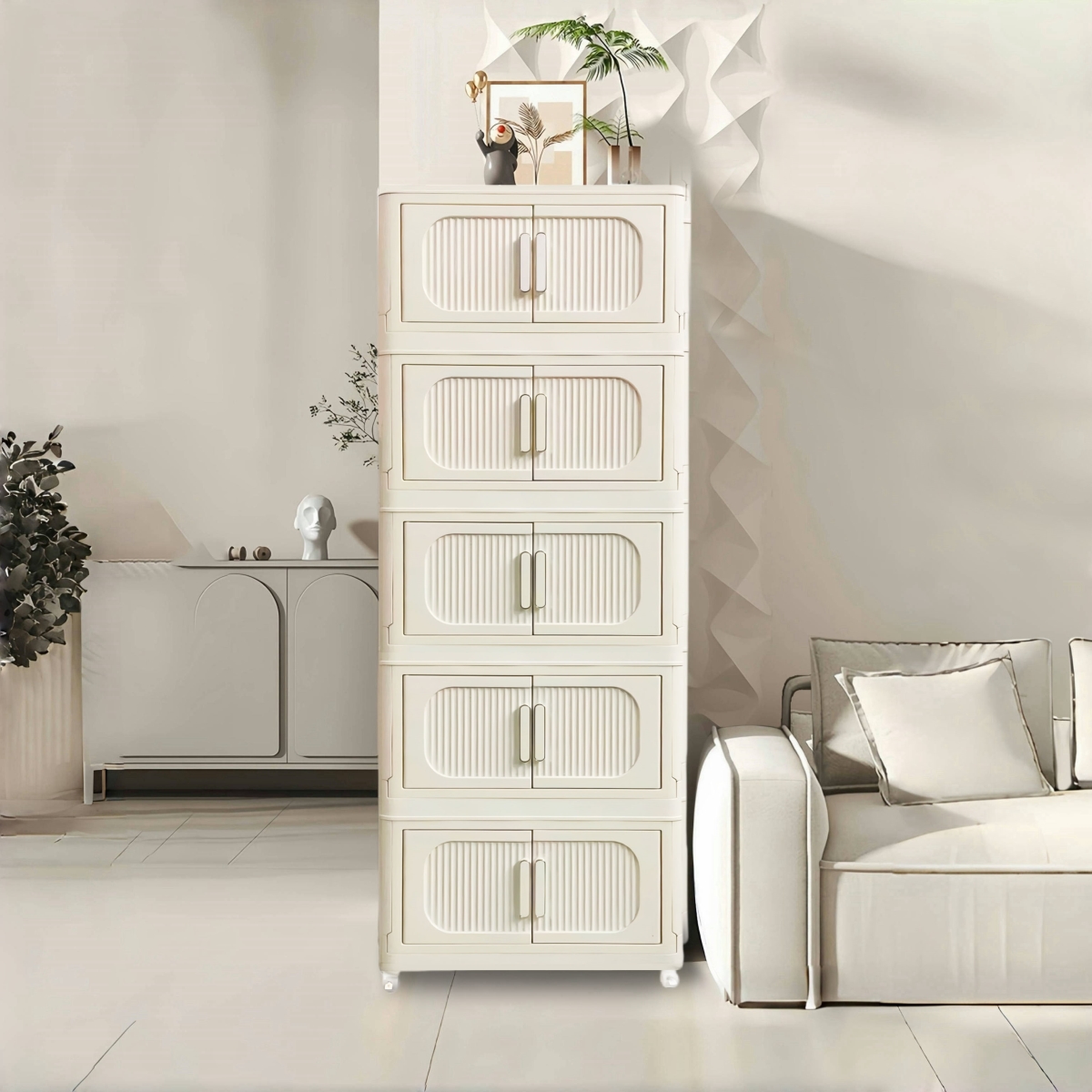 Picture of Liveditor TD-WBWB04117 5 Tiers Plastic Storage Cabinet in White with Wheels