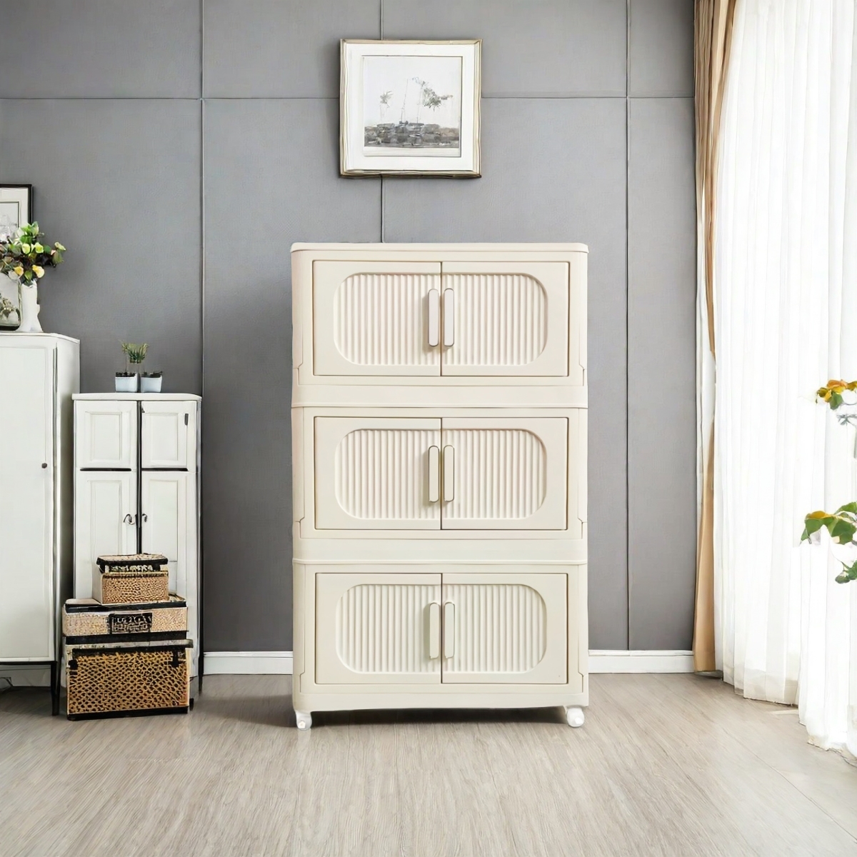 Picture of Liveditor TD-WBWB04113 3 Tiers Plastic Storage Cabinet in White with Wheels