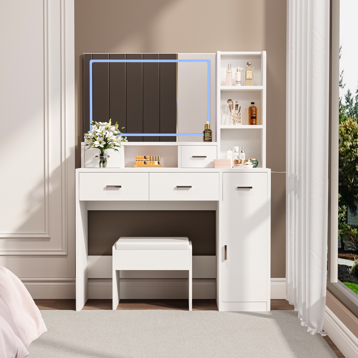 Picture of Liveditor TD-WBWB04102 Dressing Table in White with LED 3-color Illuminated Mirror and Power Outlet