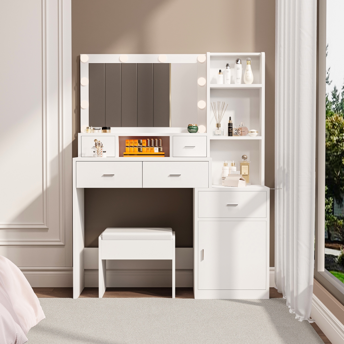 Picture of Liveditor TD-WBWB04104 5 Drawers Makeup Vanity Desk in White with Power Outlet&#44;Mirror and Lights