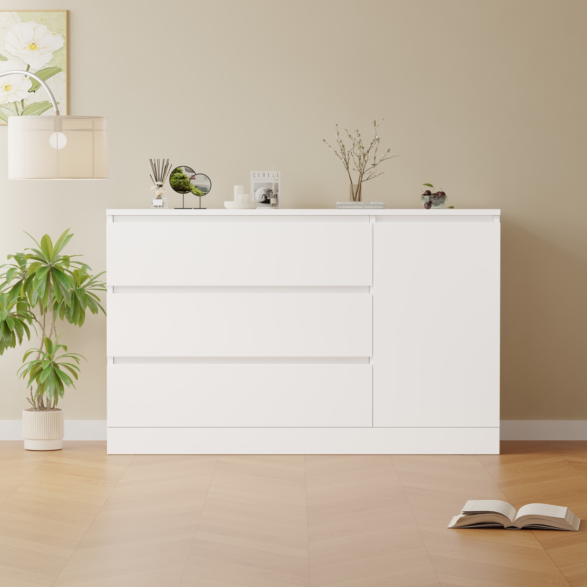 Picture of Liveditor TD-WBWB04106 4 Drawers Dresser Wooden Side Cabinet in White with Hidden Drawers