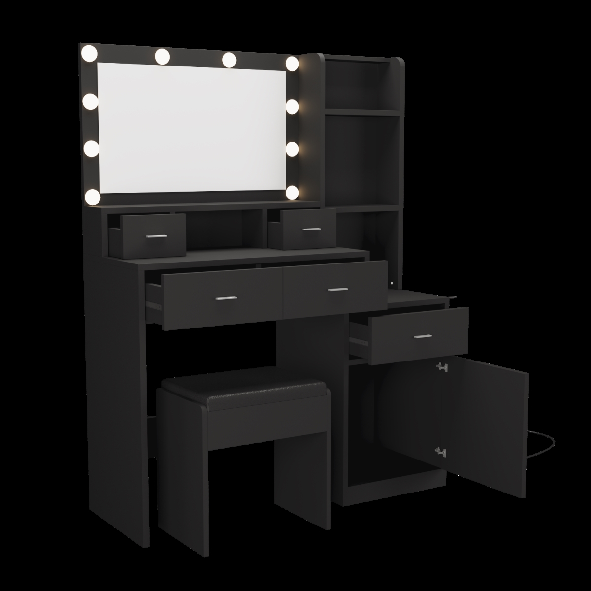 Picture of Liveditor TD-WBWB04105 5 Drawers Makeup Vanity Desk in Black with Power Outlet&#44;Mirror and Lights
