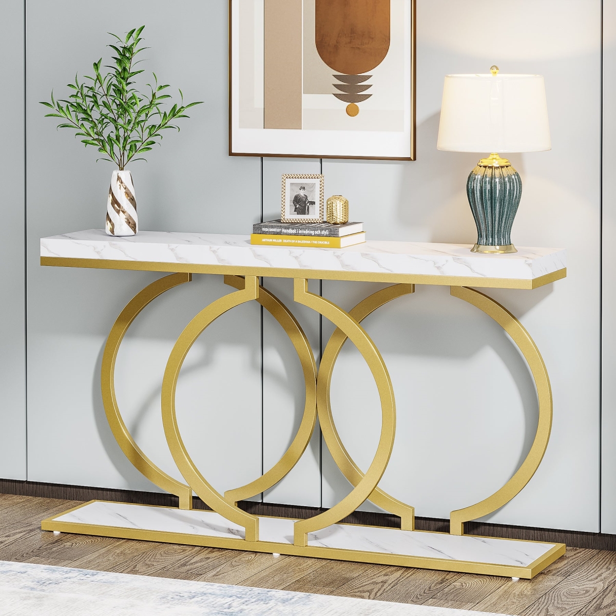 TD-WQ34028 Narrow Entryway 55' Console Table in Faux Marble White with Metal Frame -  Liveditor