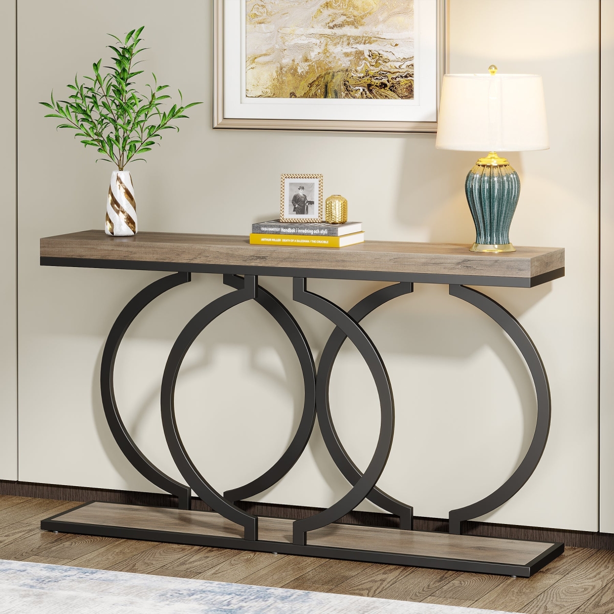 TD-WQ39566 Narrow Entryway 55' Console Table in Vintage Grey with Metal Frame -  Liveditor