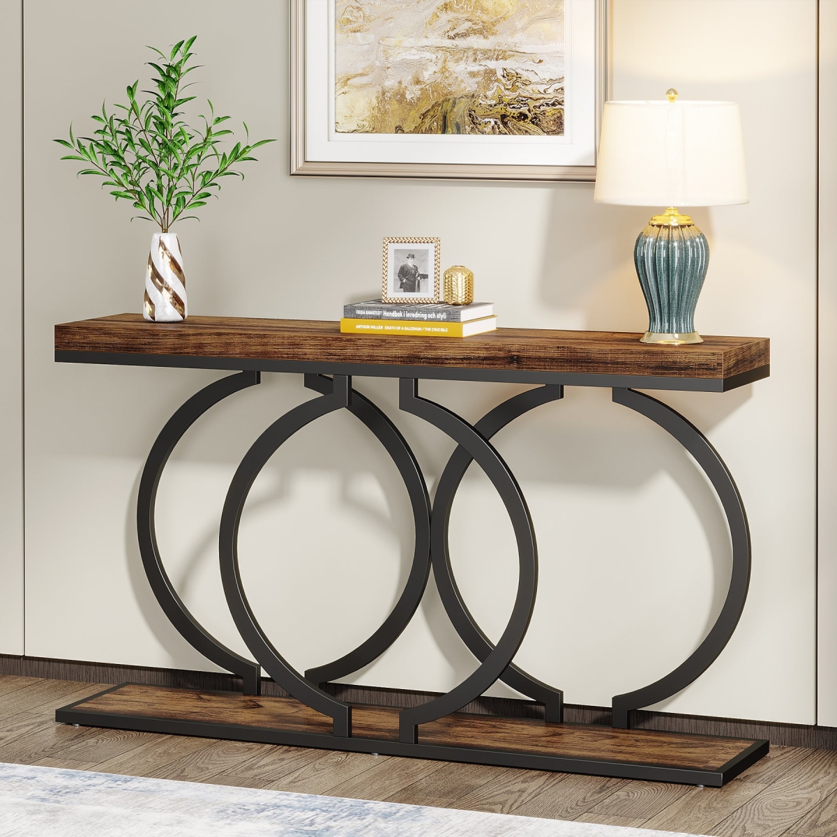 TD-WQ39567 Narrow Entryway 55' Console Table in Rustic Brown with Metal Frame -  Liveditor