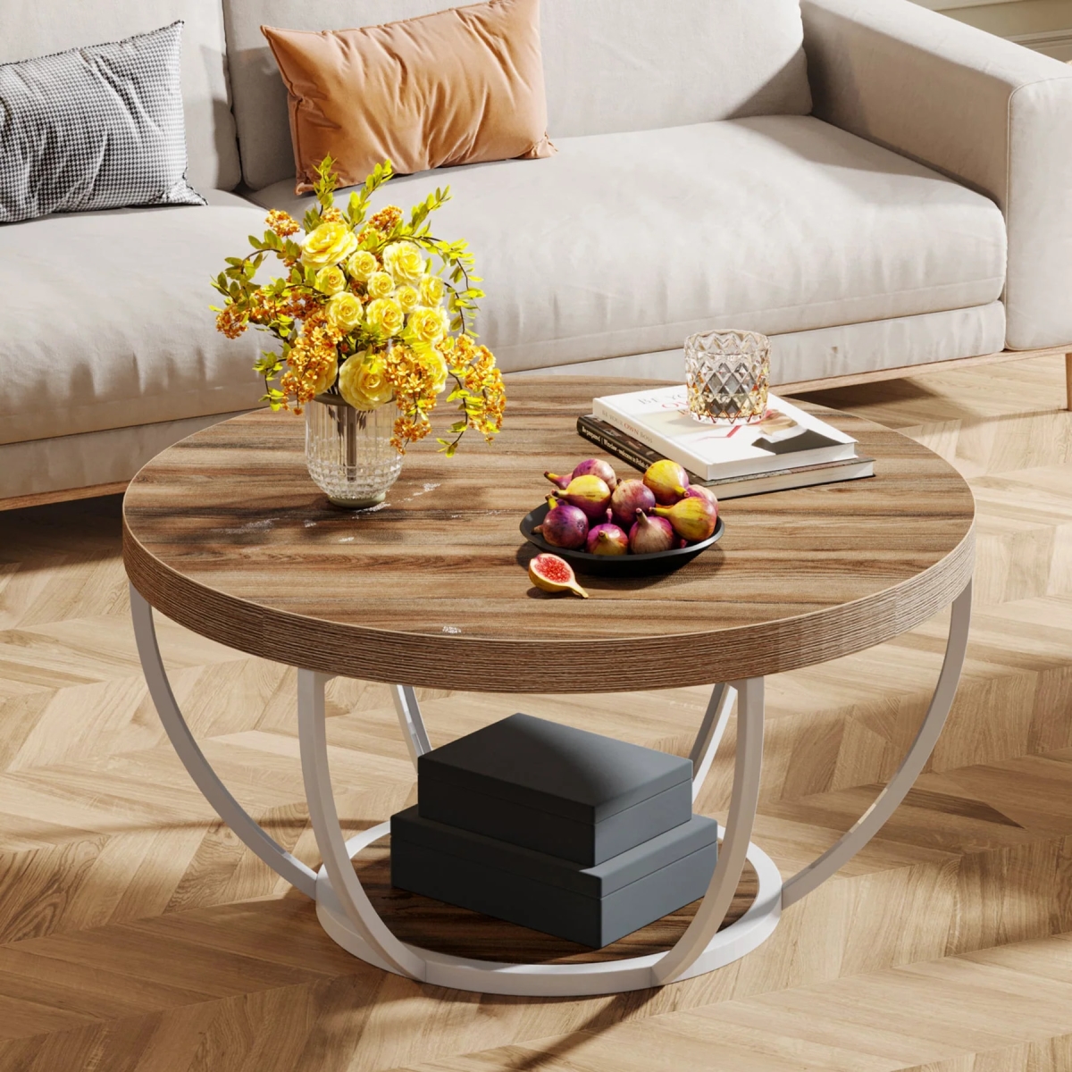 Picture of Liveditor TD-WQ41119 Wooden Coffee Table in Brown & White&#44; 2-Tier Round Central Cocktail Table with Shelves