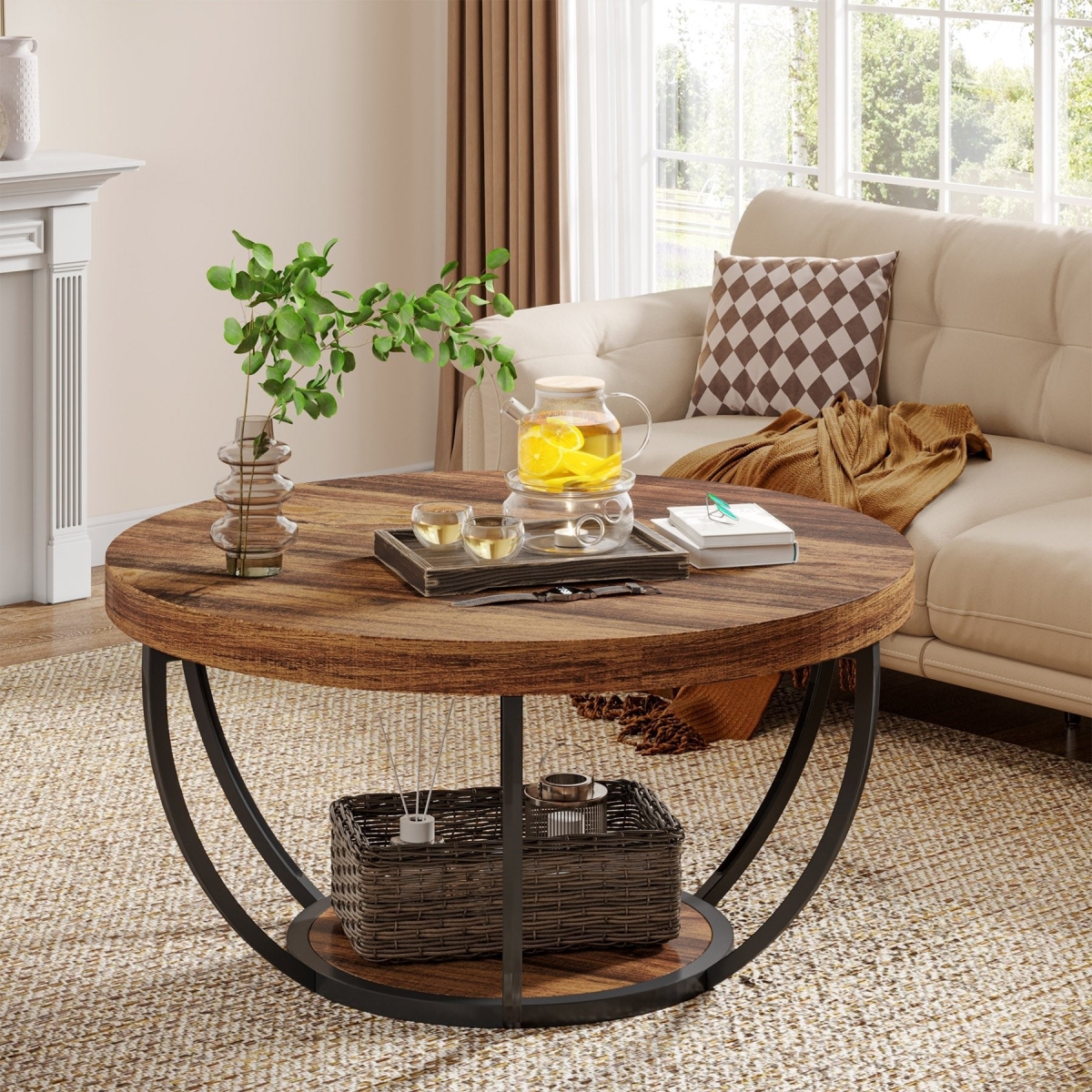 Picture of Liveditor TD-WQ31486 Wooden Coffee Table in Rustic Borwn&#44; 2-Tier Round Central Cocktail Table with Shelves