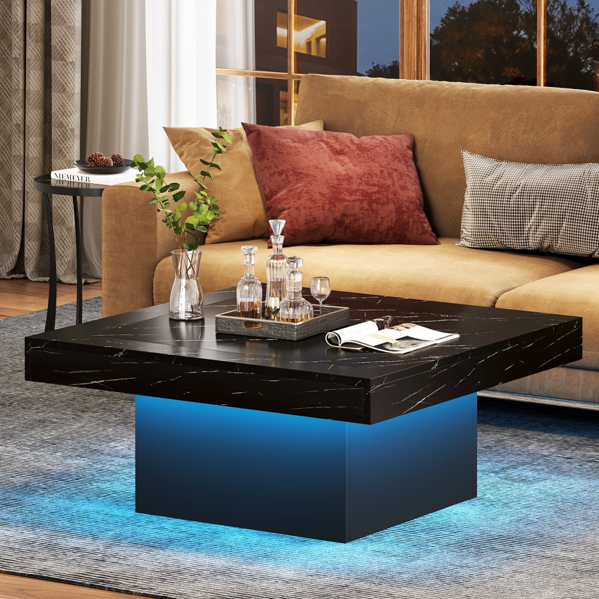 Picture of Liveditor TD-WQ39524 Square Coffee Table in Black&#44; Farmhouse Wood Cocktail Table with LED Light