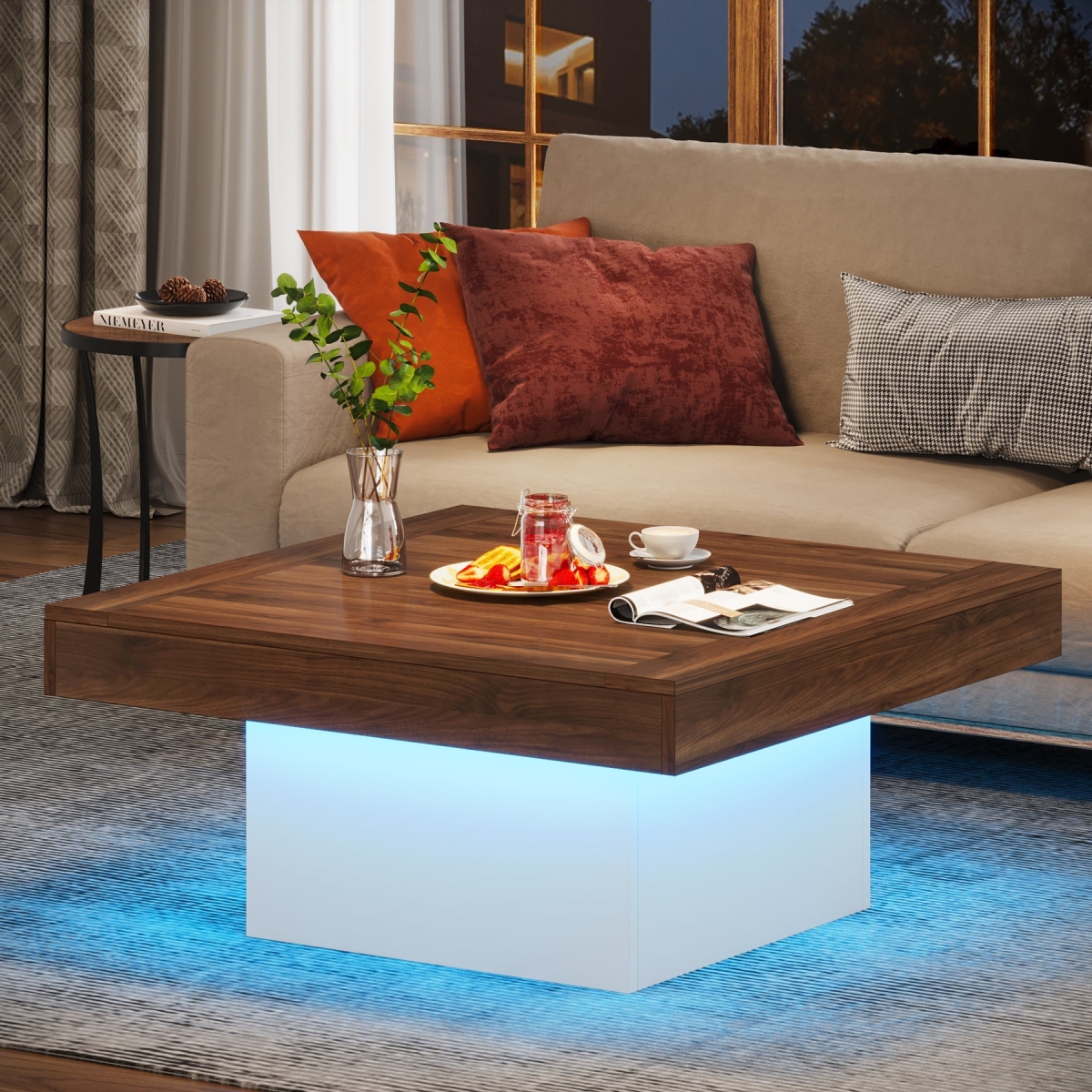Picture of Liveditor TD-WQ39517 Square Coffee Table in White & Brown&#44; Farmhouse Wood Cocktail Table with LED Light