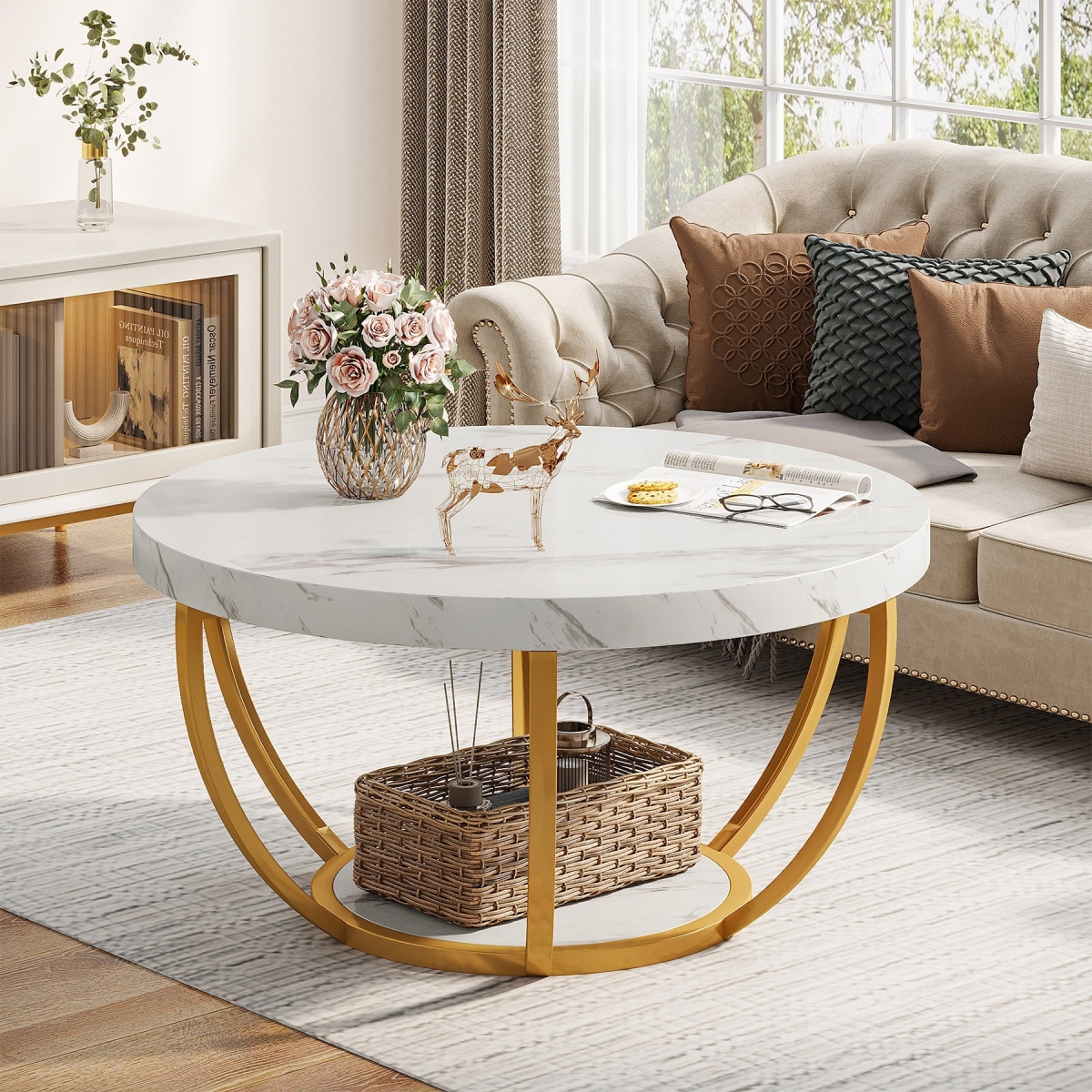 Picture of Liveditor TD-WQ31485 Wooden Coffee Table in White&#44; 2-Tier Round Central Cocktail Table with Shelves