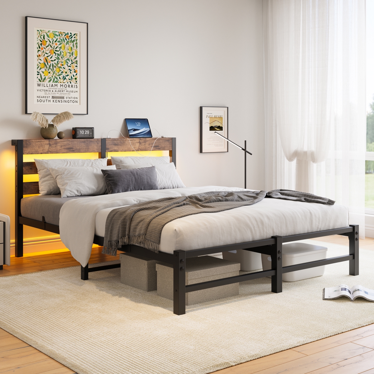 WZT-WBWB04444 Queen Metal Bed Frame in Brown with Wood Headboard,RGB Lights and Storage Shelf -  Liveditor