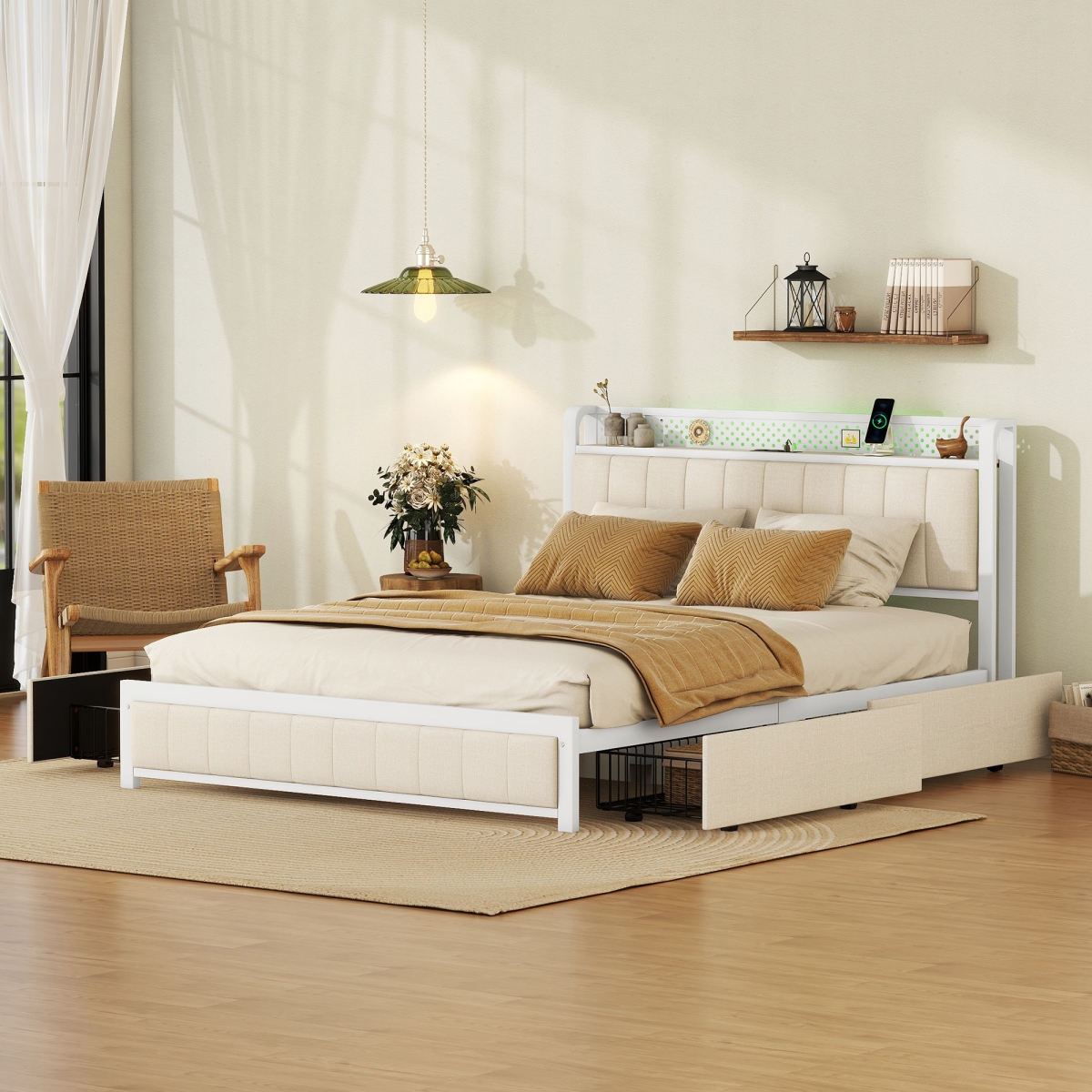 WZT-WBWB04461 LED Upholstered Queen Bed Frame in Beige with Storage Drawers and USB Ports -  Liveditor