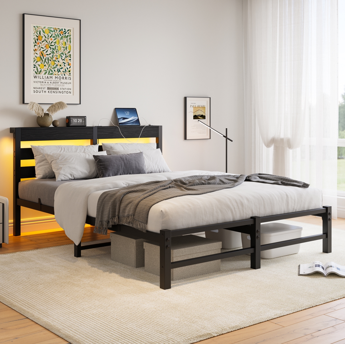 WZT-WBWB04445 Queen Metal Bed Frame in Black with Wood Headboard,RGB Lights and Storage Shelf -  Liveditor
