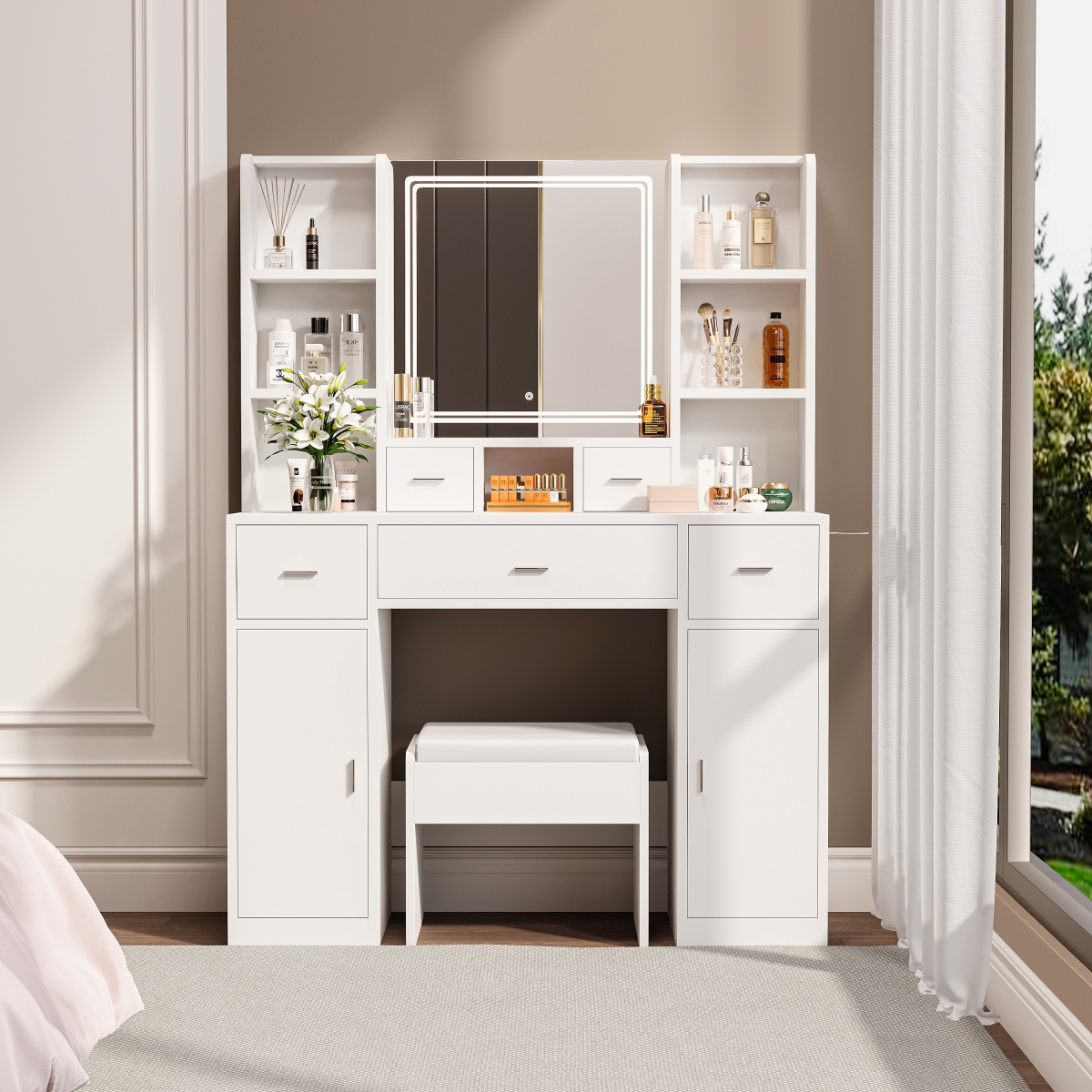 Picture of Liveditor TD-WBWB04101 5 Drawers Makeup Vanity Desk in White with Lighted Mirror and 2 Cabinets