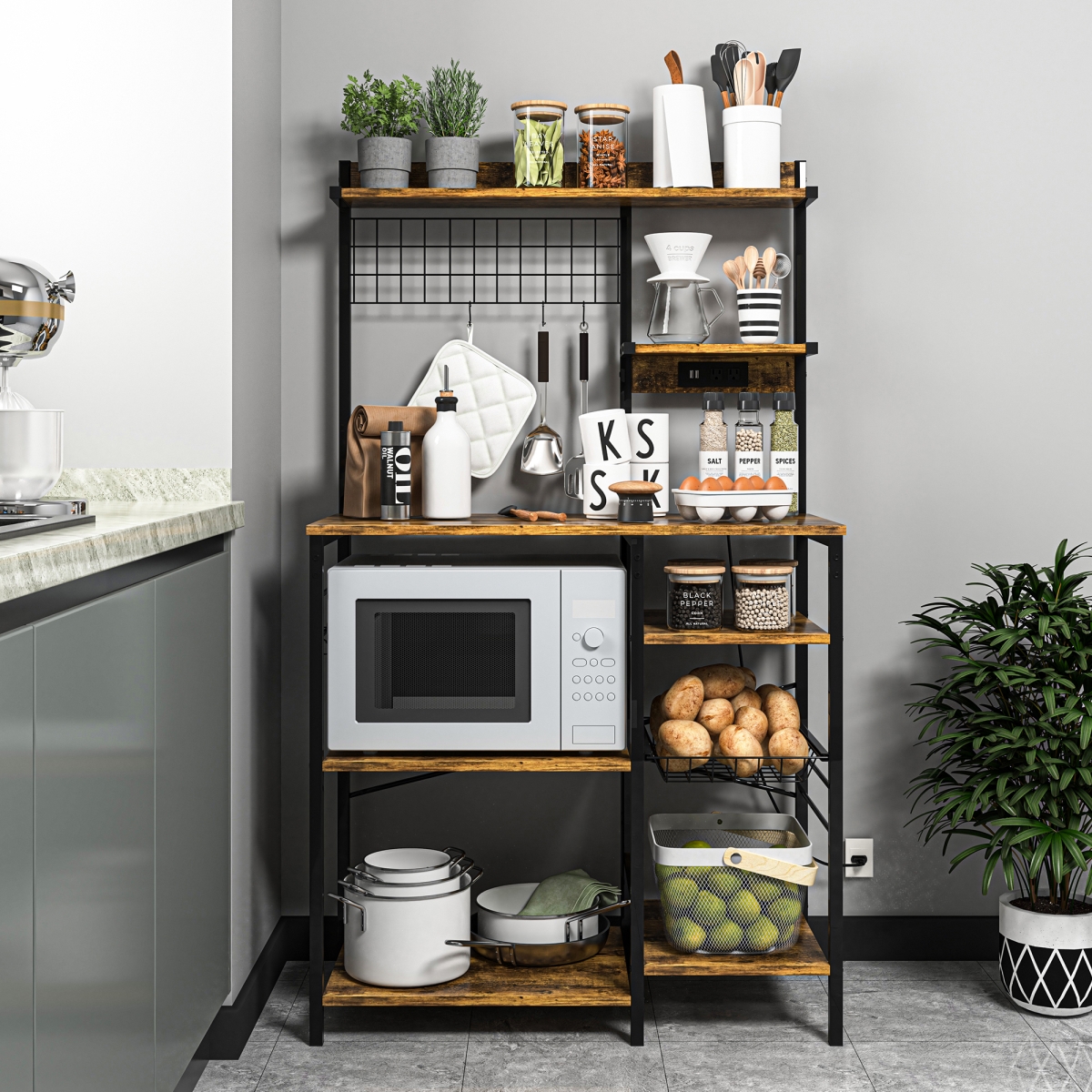 Picture of Liveditor QWE-ZBZB03219 Kitchen Bakers Rack With Power Outlet&#44; Microwave Stand With Multiple Shelves&#44; Floor Standing in Brown