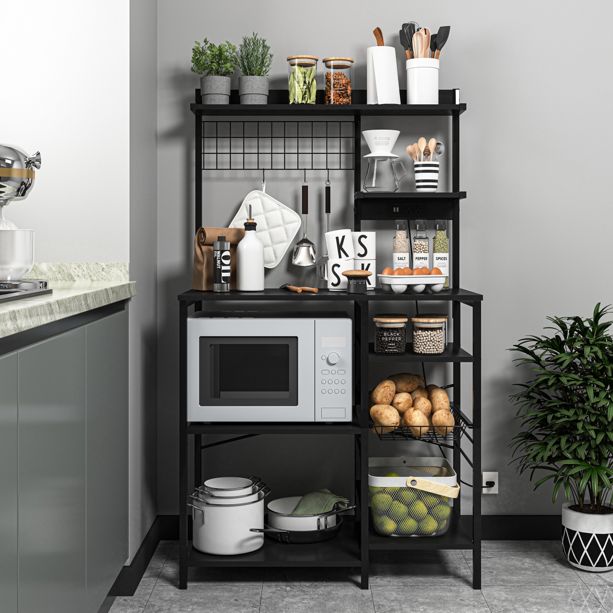 Picture of Liveditor QWE-ZBZB03220 Kitchen Bakers Rack With Power Outlet&#44; Microwave Stand With Multiple Shelves&#44; Floor Standing in Black