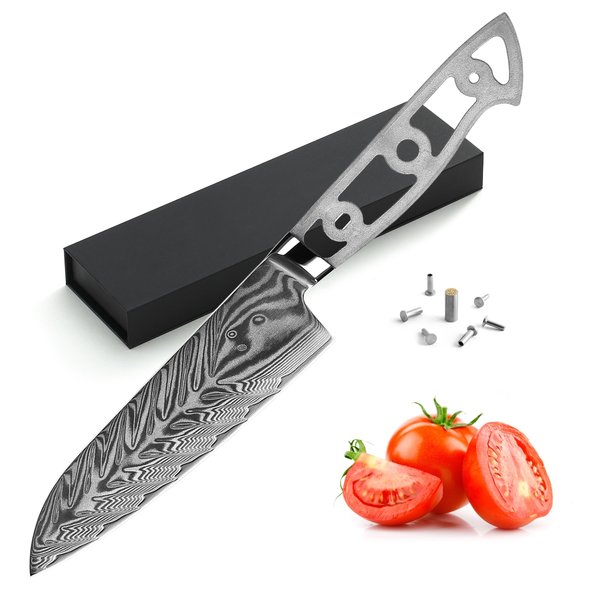 Picture of Katsura Cutlery CKVD7B-no logo 5.25 in. Storm-V Series 40 mm Ultra Wide Blade Damascus Santoku Blank Blade Chef Knife