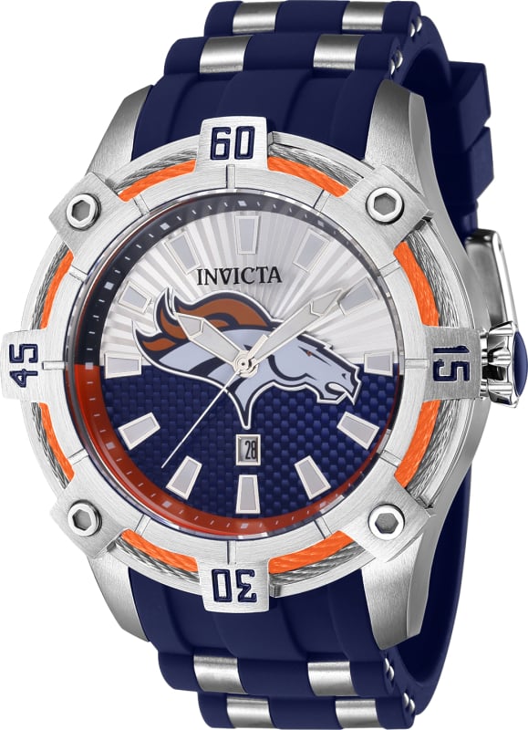 42076 Mens NFL Denver Broncos Quartz 3 Hand Dial Watch, Orange, Silver & Blue -  Invicta