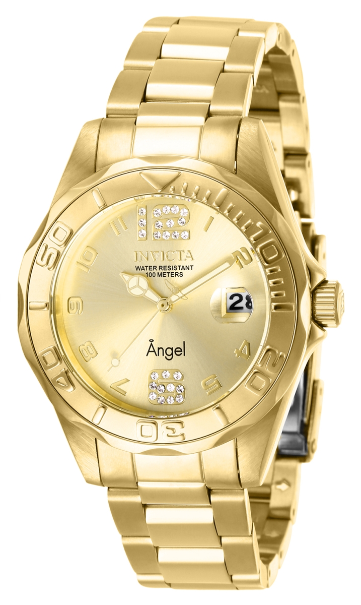 Womens Angel Quartz 3 Hand Gold Dial Watch