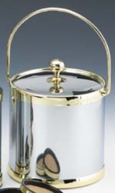 Kraftware 70192 Shiny Chrome with Brass 3 Quart Ice Bucket with Bale Handle and Metal Cover