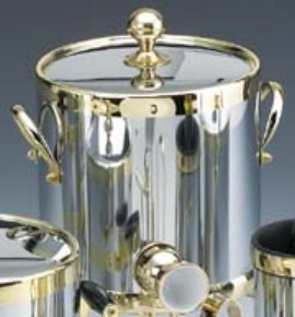 Kraftware 70193 Shiny Chrome with Brass 3 Quart Ice Bucket with Side Handles and Metal Cover