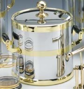 Kraftware 70194 Shiny Chrome with Brass 3 Quart Ice Bucket with Wood Side handles Bands and Metal Cover