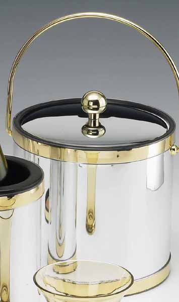 Picture of Kraftware 75968 Mylar Polished Chrome and Brass 3 Quart Ice Bucket with Brass Bale Handle  Bands and Metal Cover