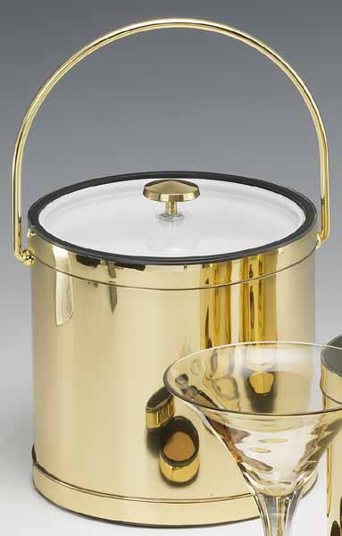 Mylar Polished Brass 3 Quart Ice Bucket with Bale Handle  Lucite Cover with Flat Knob