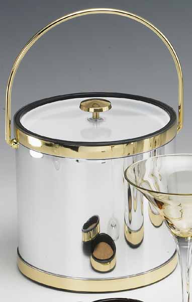 Picture of Kraftware 76464 Mylar Brushed Chrome and Brass 3 Quart Ice Bucket with Bale Handle  Lucite Cover with Flat Knob