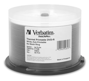 Picture of VERBATIM 94853 Disk  DVD-R  4.7GB for General use  No Stack RingWht Thermal & Hub print  50-spdle  8X