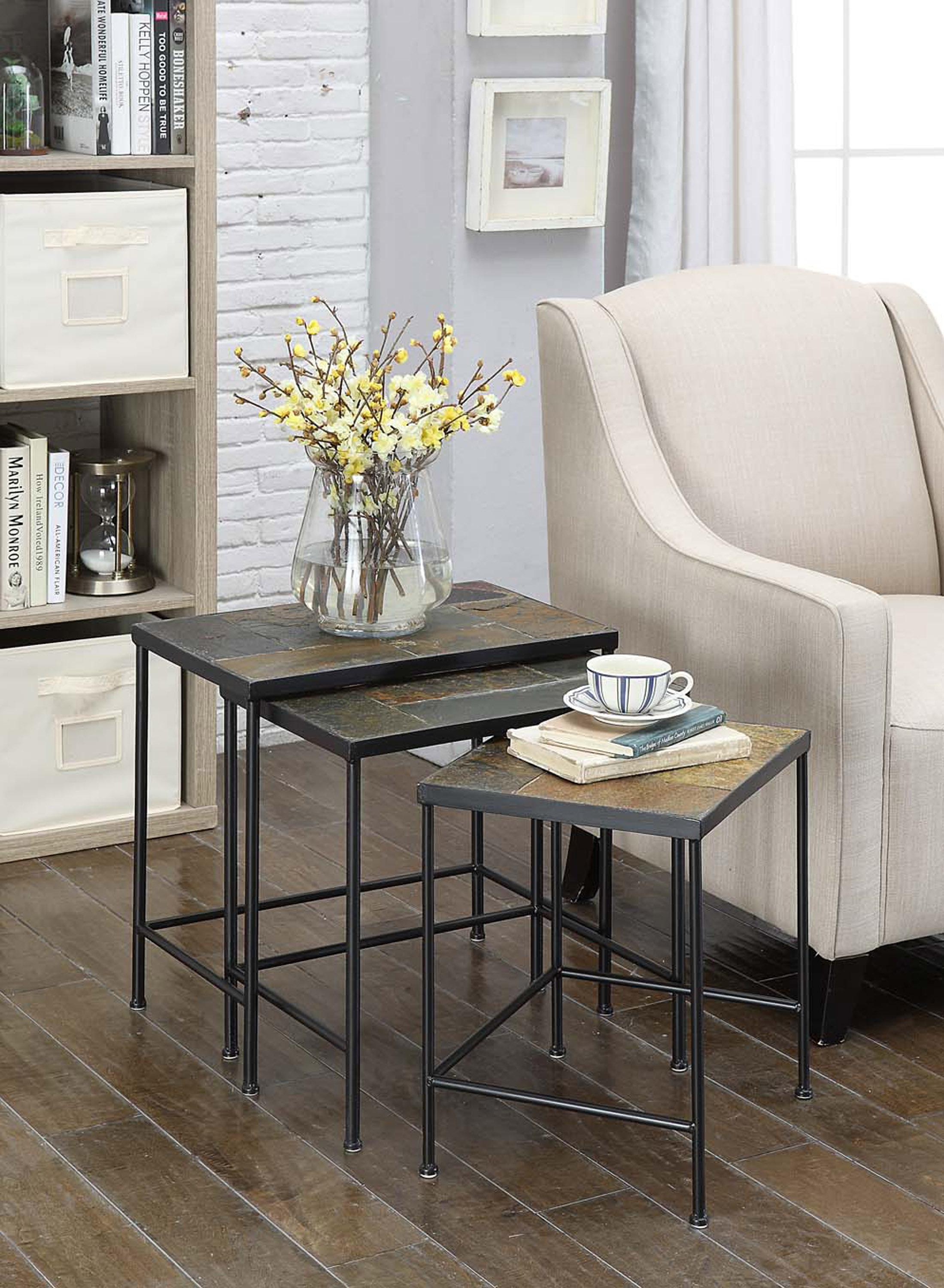 Picture of 4D Concepts 601609 3 piece Nesting Tables with Slate Tops - Metal/Slate