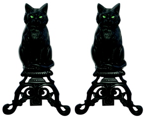 Picture of Uniflame A-1251 BLACK CAST IRON CAT ANDIRONS WITH REFLECTIVE GLASS EYES
