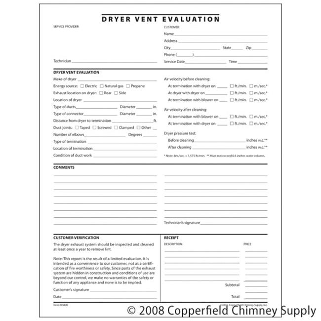 Docuforms Inc. Dryer Vent Evaluation Form Pack Of 50 Triplicate Forms