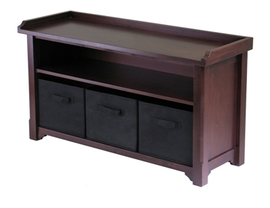 Verona Storage Bench with 3 Foldable Black Color Fabric Baskets - Walnut