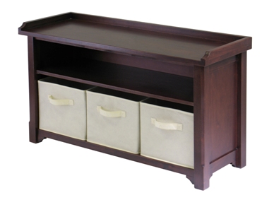 Verona Storage Bench with 3 Foldable Beige Color Fabric Baskets - Walnut