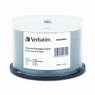 Picture of Verbatim 94795 Printable CD-R Discs  700MB/80min  52x  Spindle  White  50 Pack