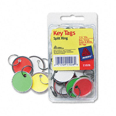 Picture of Avery 11026 Metal Rim Key Tags  Card Stock/Metal  Green/Red/Yellow/White  50 per Pack