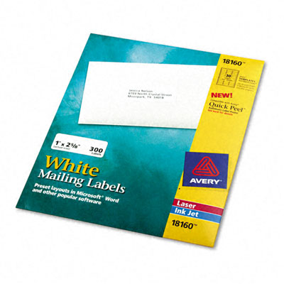 Picture of Avery 18160 Ink Jet Mailing Labels  1 x 2-5/8  White  300 Pack