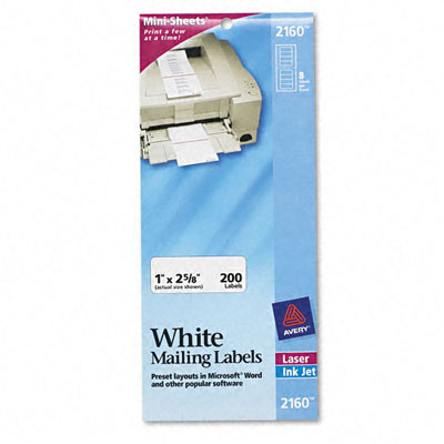Picture of Avery 2160 Mini-Sheets Laser/Ink Jet Labels  1 x 2-5/8  White  200 Pack