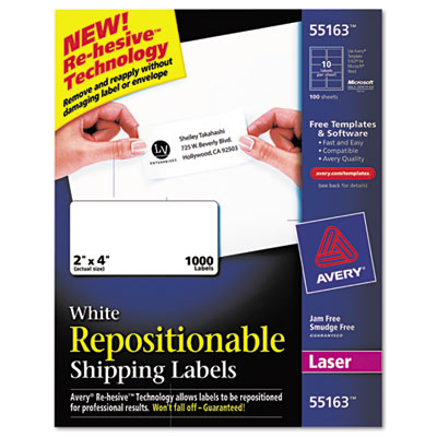 Picture of Avery 55163 Re-hesive Labels For Laser Printers  2 x 4  White  1000 Pack