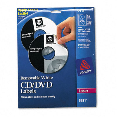 Picture of Avery 5931 CD/DVD Removable Labels for Laser Printers  White Matte  50 Pack