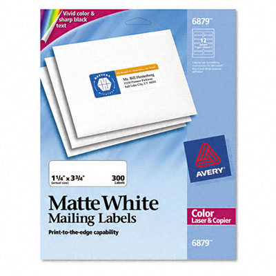 Picture of Avery 6879 Laser Labels for Color Printing  1-1/4 x 3-3/4  White  300 Pack