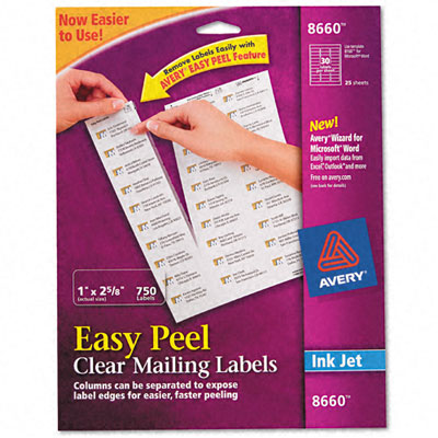 Picture of Avery 8660 Ink Jet Address Labels  1 x 2-5/8  Clear  750 Pack