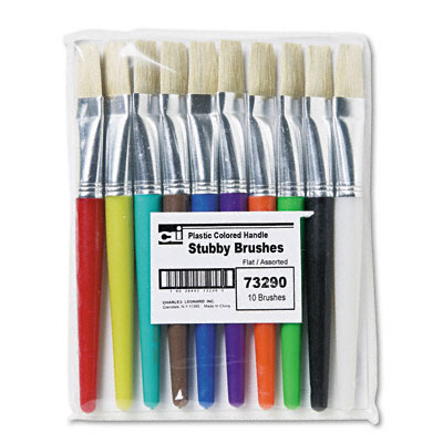 Picture of Charles Leonard 73290 Flat Natural Bristle Stubby Brushes  Plastic Handle  Assorted Sizes  10 per Set