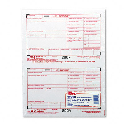 Picture of Tops 22990 W-2 Tax Forms for Laser Printers  4-Part Carbonless  50 Loose Form Sets Pack
